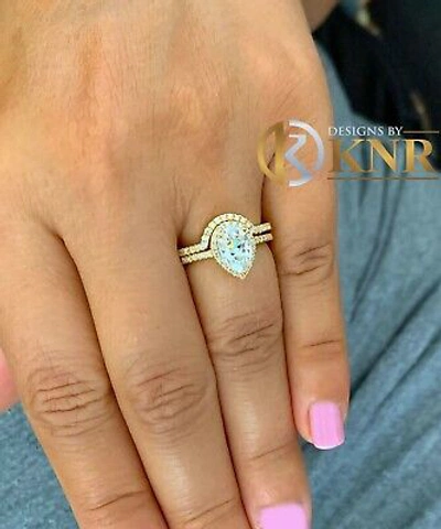 Pre-owned Knr Inc 14k Yellow Gold Pear Moissanite And Natural Diamonds Engagement Ring Halo 2.00ct