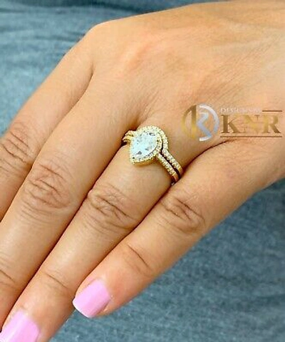 Pre-owned Knr Inc 14k Yellow Gold Pear Moissanite And Natural Diamonds Engagement Ring Halo 2.00ct