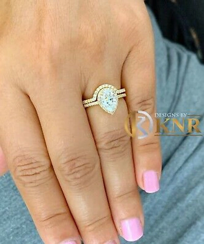 Pre-owned Knr Inc 14k Yellow Gold Pear Moissanite And Natural Diamonds Engagement Ring Halo 2.00ct