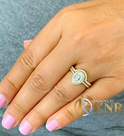 Pre-owned Knr Inc 14k Yellow Gold Pear Moissanite And Natural Diamonds Engagement Ring Halo 2.00ct