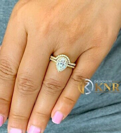 Pre-owned Knr Inc 14k Yellow Gold Pear Moissanite And Natural Diamonds Engagement Ring Halo 2.00ct