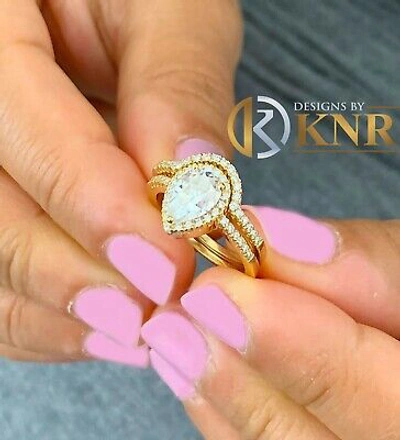 Pre-owned Knr Inc 14k Yellow Gold Pear Moissanite And Natural Diamonds Engagement Ring Halo 2.00ct