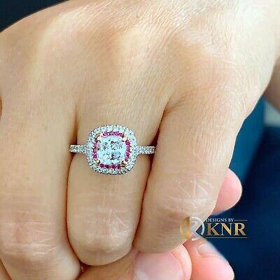 Pre-owned Knr Inc 14k White Gold Cushion Forever One Moissanite Diamond Ruby Engagement Ring 2.20