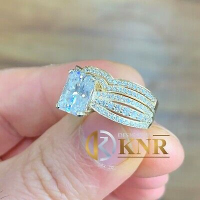 Pre-owned Knr Inc 14k Yellow Gold Radiant Moissanite And Natural Diamond Engagement Ring Band 3.30