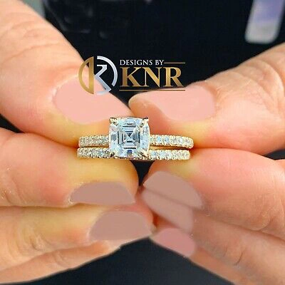 Pre-owned Knr Inc 14k Yellow Gold Asscher Cut Moissanite And Natural Diamond Engagement Ring 1.50