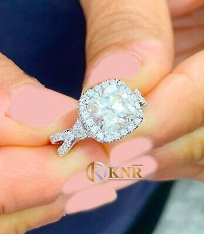 Pre-owned Knr Inc 14k White Gold Cushion Moissanite And Natural Diamond Engagement Ring Halo 2.65