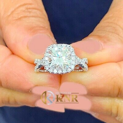 Pre-owned Knr Inc 14k White Gold Cushion Moissanite And Natural Diamond Engagement Ring Halo 2.65