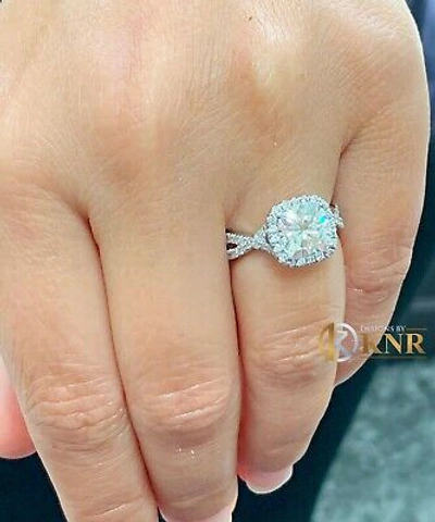 Pre-owned Knr Inc 14k White Gold Cushion Moissanite And Natural Diamond Engagement Ring Halo 2.65