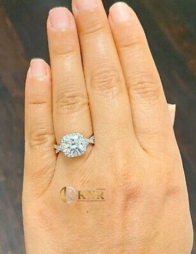 Pre-owned Knr Inc 14k White Gold Cushion Moissanite And Natural Diamond Engagement Ring Halo 2.65