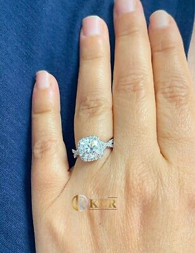 Pre-owned Knr Inc 14k White Gold Cushion Moissanite And Natural Diamond Engagement Ring Halo 2.65