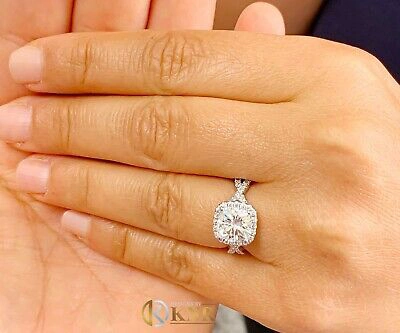 Pre-owned Knr Inc 14k White Gold Cushion Moissanite And Natural Diamond Engagement Ring Halo 2.65