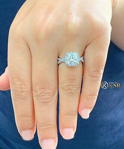 Pre-owned Knr Inc 14k White Gold Cushion Moissanite And Natural Diamond Engagement Ring Halo 2.65