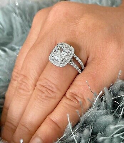Pre-owned Knr Inc 14k White Gold Emerald Moissanite And Natural Diamond Engagement Ring Band 2.75