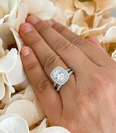 Pre-owned Knr Inc 14k White Gold Emerald Moissanite And Natural Diamond Engagement Ring Band 2.75