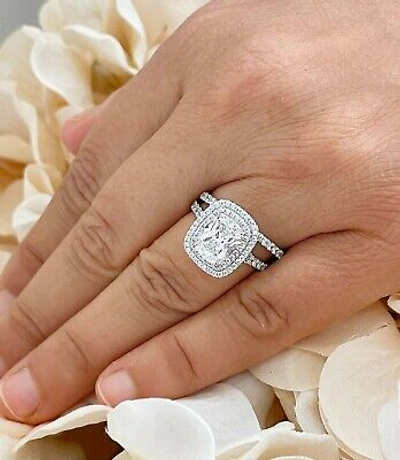 Pre-owned Knr Inc 14k White Gold Emerald Moissanite And Natural Diamond Engagement Ring Band 2.75