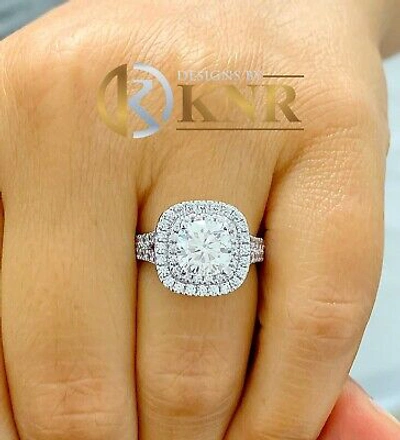 Pre-owned Knr Inc 14k White Gold Cushion Moissanite And Natural Diamond Engagement Ring Halo 2.80