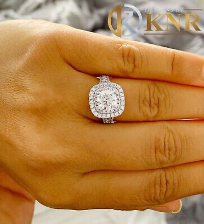 Pre-owned Knr Inc 14k White Gold Cushion Moissanite And Natural Diamond Engagement Ring Halo 2.80