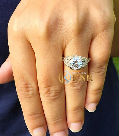 Pre-owned Halo 14k Yello Gold Round Diamond Engagement Ring  Bridal Half Moon Bridal 2.50ct