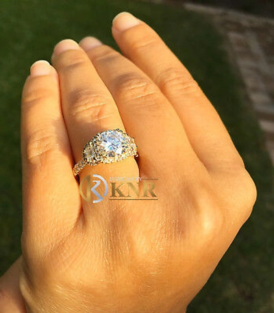 Pre-owned Halo 14k Yello Gold Round Diamond Engagement Ring  Bridal Half Moon Bridal 2.50ct