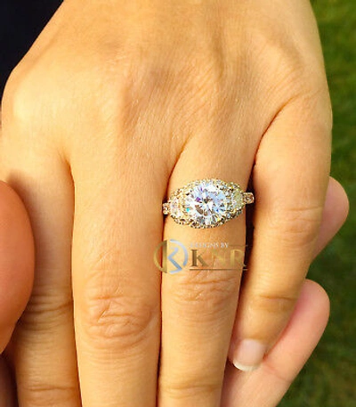 Pre-owned Halo 14k Yello Gold Round Diamond Engagement Ring  Bridal Half Moon Bridal 2.50ct