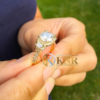 Pre-owned Halo 14k Yello Gold Round Diamond Engagement Ring  Bridal Half Moon Bridal 2.50ct