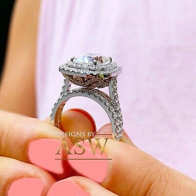 Pre-owned Asw 14k Solid White Gold Cushion Moissanite And Diamond Engagement Ring Bands 5.50ct