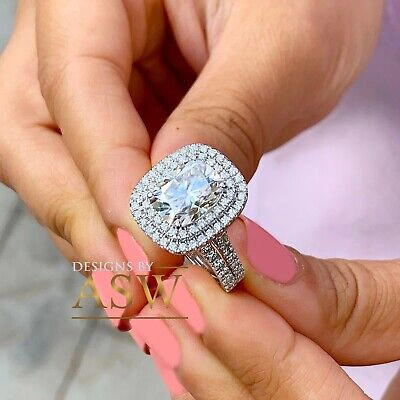 Pre-owned Asw 14k Solid White Gold Cushion Moissanite And Diamond Engagement Ring Bands 5.50ct
