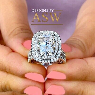 Pre-owned Asw 14k Solid White Gold Cushion Moissanite And Diamond Engagement Ring Bands 5.50ct