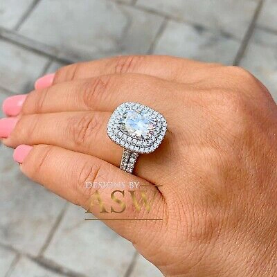 Pre-owned Asw 14k Solid White Gold Cushion Moissanite And Diamond Engagement Ring Bands 5.50ct