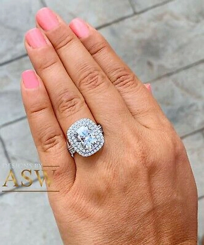 Pre-owned Asw 14k Solid White Gold Cushion Moissanite And Diamond Engagement Ring Bands 5.50ct