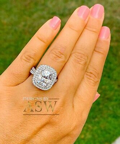 Pre-owned Asw 14k Solid White Gold Cushion Moissanite And Diamond Engagement Ring Bands 5.50ct