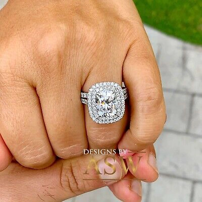 Pre-owned Asw 14k Solid White Gold Cushion Moissanite And Diamond Engagement Ring Bands 5.50ct