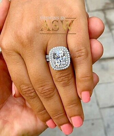 Pre-owned Asw 14k Solid White Gold Cushion Moissanite And Diamond Engagement Ring Bands 5.50ct