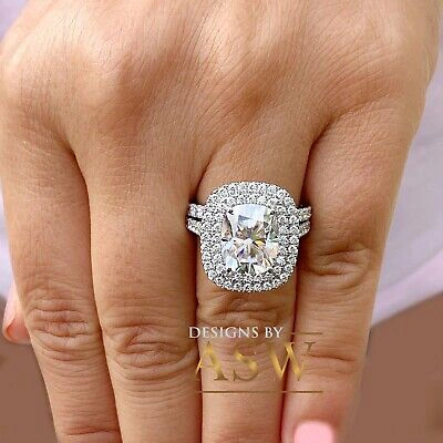 Pre-owned Asw 14k Solid White Gold Cushion Moissanite And Diamond Engagement Ring Bands 5.50ct