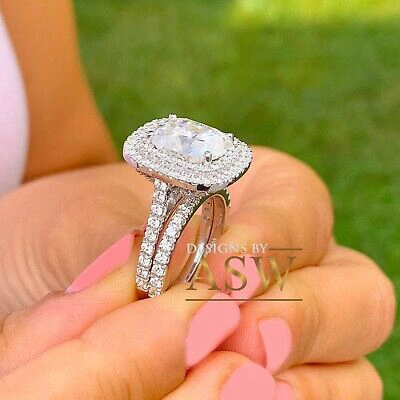 Pre-owned Asw 14k Solid White Gold Cushion Moissanite And Diamond Engagement Ring Bands 5.50ct