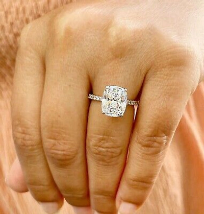Pre-owned Knr 14k Solid Rose Gold Cushion Moissanite And Natural Diamonds Engagement Ring 5.00 In White