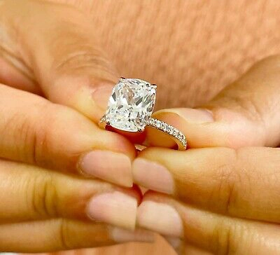 Pre-owned Knr 14k Solid Rose Gold Cushion Moissanite And Natural Diamonds Engagement Ring 5.00 In White
