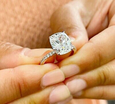 Pre-owned Knr 14k Solid Rose Gold Cushion Moissanite And Natural Diamonds Engagement Ring 5.00 In White