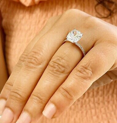 Pre-owned Knr 14k Solid Rose Gold Cushion Moissanite And Natural Diamonds Engagement Ring 5.00 In White