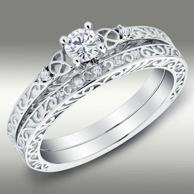 Pre-owned Arista Jewels Celtic Trinity Knot Diamond Wedding Ring And Matching Band 14kt White Gold H/si2 In White/colorless