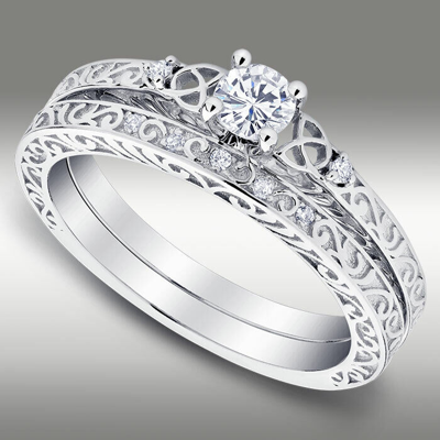 Pre-owned Arista Jewels Celtic Trinity Knot Diamond Wedding Ring And Matching Band 14kt White Gold H/si2 In White/colorless