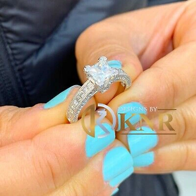 Pre-owned Knr 14k White Gold Princess Moissanite And Natural Diamond Engagement Ring 1.80ct