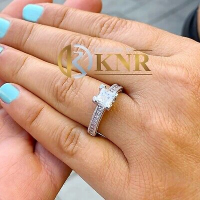 Pre-owned Knr 14k White Gold Princess Moissanite And Natural Diamond Engagement Ring 1.80ct