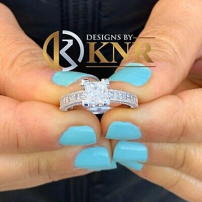 Pre-owned Knr 14k White Gold Princess Moissanite And Natural Diamond Engagement Ring 1.80ct