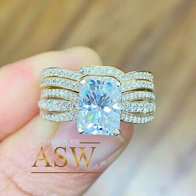 Pre-owned Asw 14k Solid Yellow Gold Radiant And Round Cut Engagement Ring And Bands 4.00ct