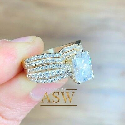 Pre-owned Asw 14k Solid Yellow Gold Radiant And Round Cut Engagement Ring And Bands 4.00ct