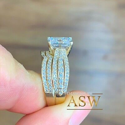 Pre-owned Asw 14k Solid Yellow Gold Radiant And Round Cut Engagement Ring And Bands 4.00ct