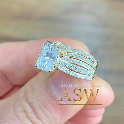Pre-owned Asw 14k Solid Yellow Gold Radiant And Round Cut Engagement Ring And Bands 4.00ct