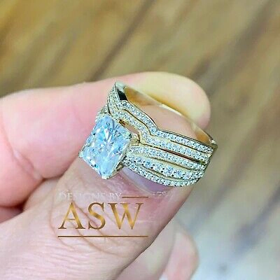 Pre-owned Asw 14k Solid Yellow Gold Radiant And Round Cut Engagement Ring And Bands 4.00ct