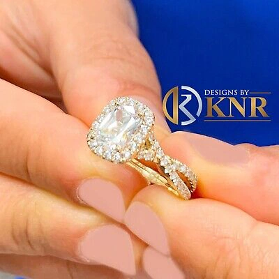 Pre-owned Charles & Colvard 14k Yellow Gold Cushion Moissanite And Natural Diamond Engagement Rings 2.40ctw